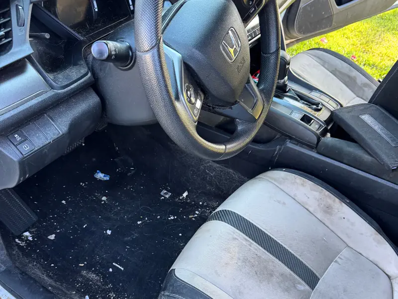 Honda interior before detailing - pet hair and stains on seats, mats, and dashboard